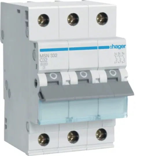 HAGER 3 POLE 32A 6KA MINIATURE CIRCUIT BREAKER MSN332
