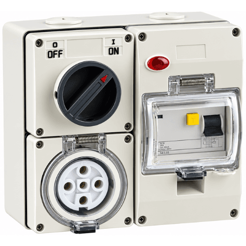 NEXE 5 PIN 32A ROUND INDUSTRIAL SWITCH AND SOCKET WITH 40A RCD PROTECTED 66CV532RCD40A