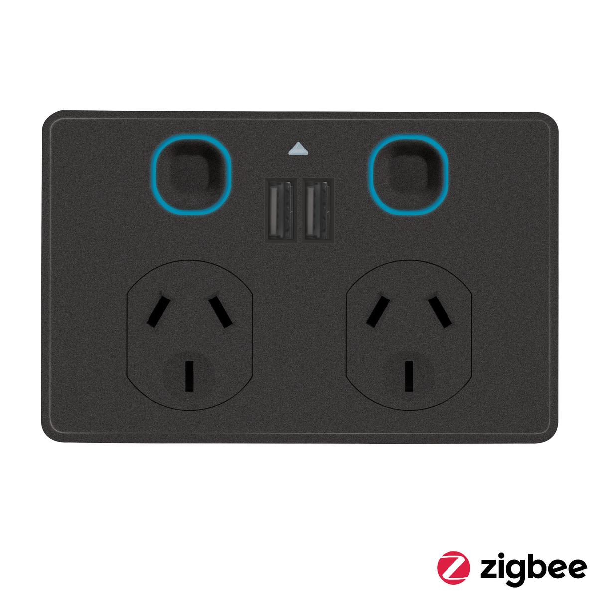 MERCATOR IKUU ZIGBEE 10A DOUBLE SMART POWERPOINT WITH USB MATT BLACK SPPUSB02GMBK