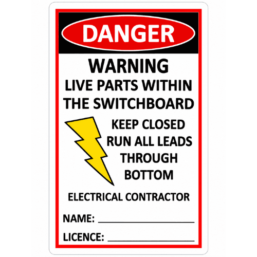 DANGER WARNING LIVE PARTS WITHIN THE SWITCHBOARD LABEL DWLP