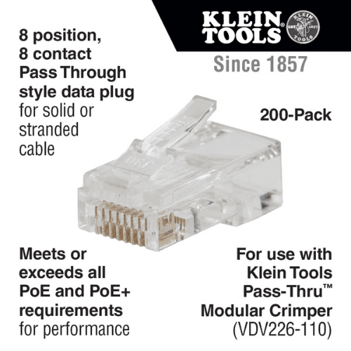 KLEIN TOOLS PASS-THRU RJ45 CAT6 CONNECTORS (VDV826-763), 200PK